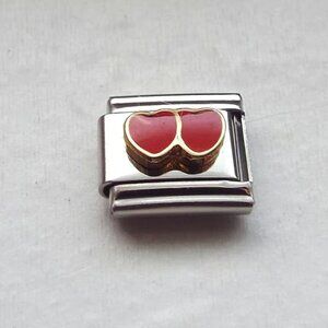 Two raised red enamel hearts 9mm stainless steel italian charm bracelet link new